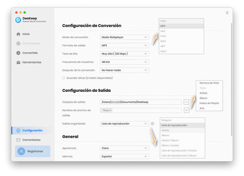 Personalizar la configuración de salida