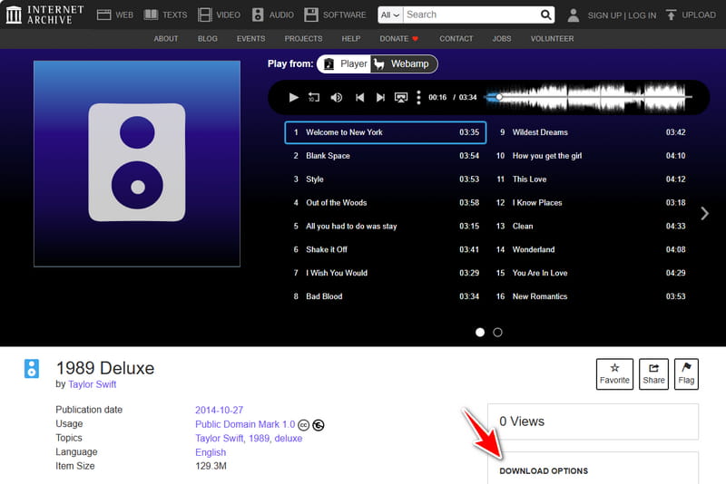 Internet Archive audio collection with free FLAC downloads
